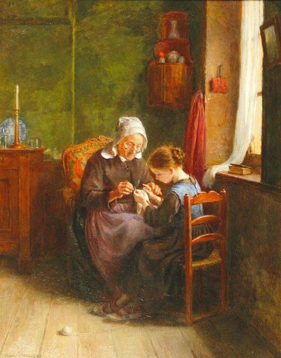 Pintura: una anciana y una niña sentadas juntas junto a la ventana, en silencio y compañía