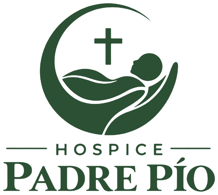Logo del Hospice Padre Pío: una mano que sostiene a una persona recostada, bajo una cruz